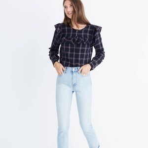 Madewell Plaid Ruffle-Yoke Top | Size S | Berkshire Plaid Deep Navy + burgundy
